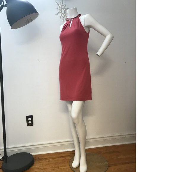 Le Chateau Corral Peach Salmon Pink Bodycon Formal cocktail Dress Beaded NWT - Picture 5 of 8